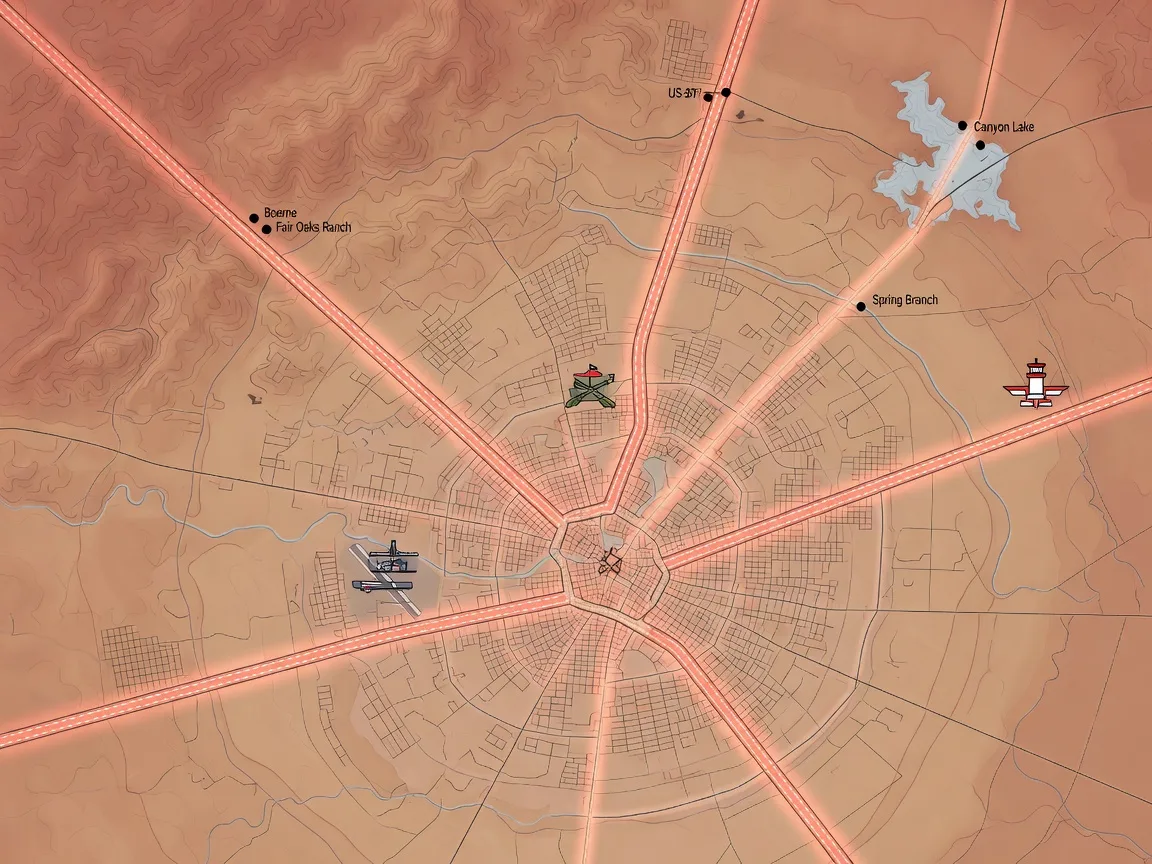 Map showing commute times from Hill Country communities to JBSA installations
