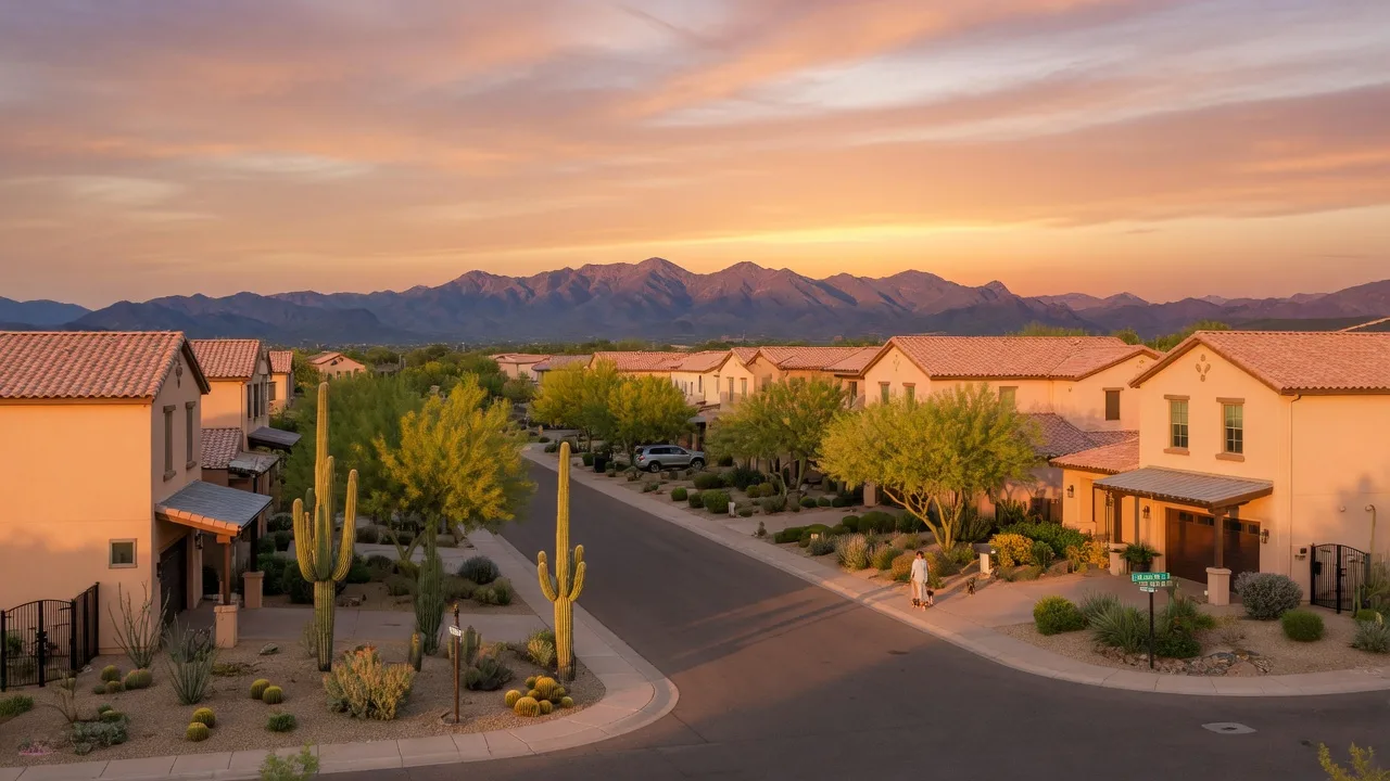 Quiet residential street in Gilbert, Arizona at golden hour with modern Southwestern homes, desert landscaping, and San Tan Mountains in the distance