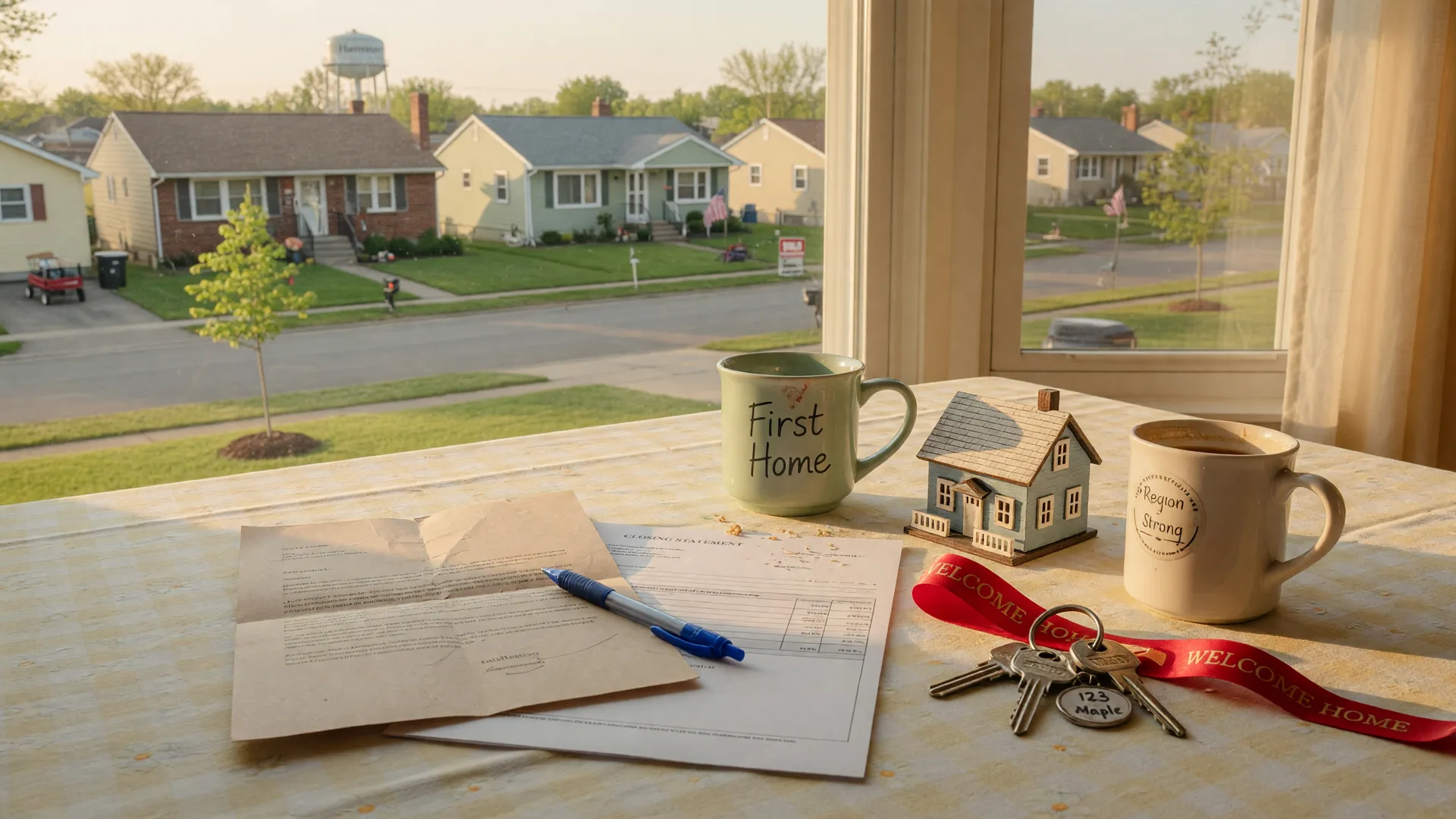 A warm photograph of a bright kitchen table in a Northwest Indiana family home with a printed gift letter, a pen, a wooden model house, new house keys on a ribbon, and two coffee mugs, with a first-home neighborhood visible through the window in morning light