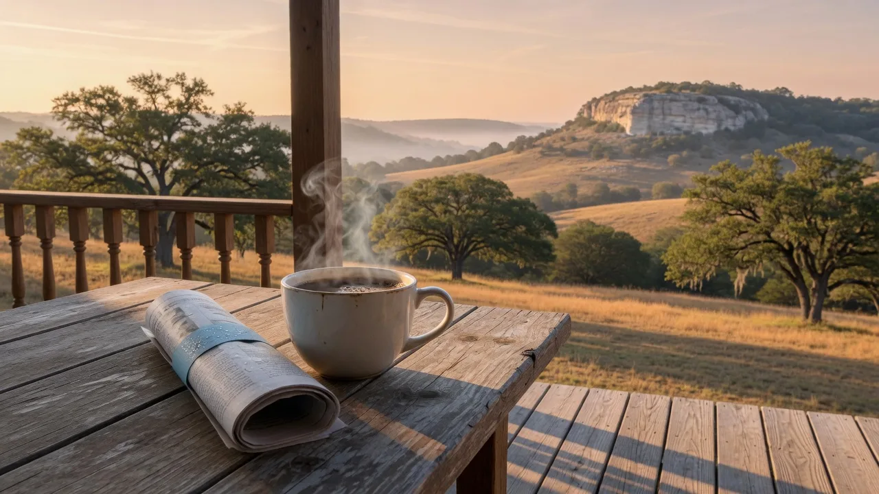 A morning newspaper and a cup of coffee on a rustic porch table in the Texas Hill Country with golden hills and live oaks in soft morning light