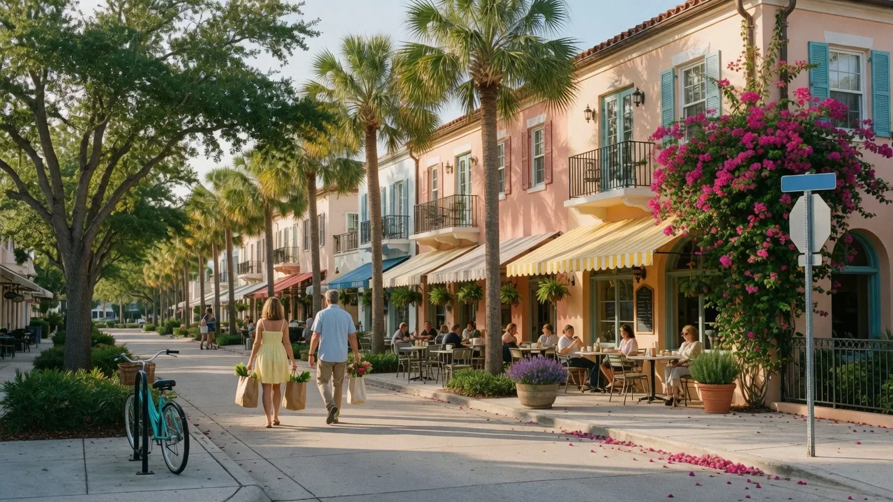 A walkable tree-lined street in the Rosemary District of downtown Sarasota with Mediterranean-style buildings, outdoor cafes, and pedestrians enjoying a bright morning