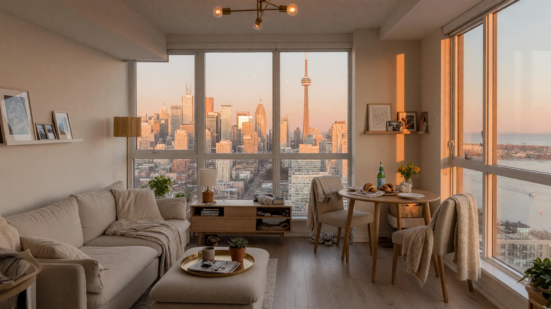 A bright modern Toronto condo living room with floor-to-ceiling windows framing the downtown skyline at golden hour