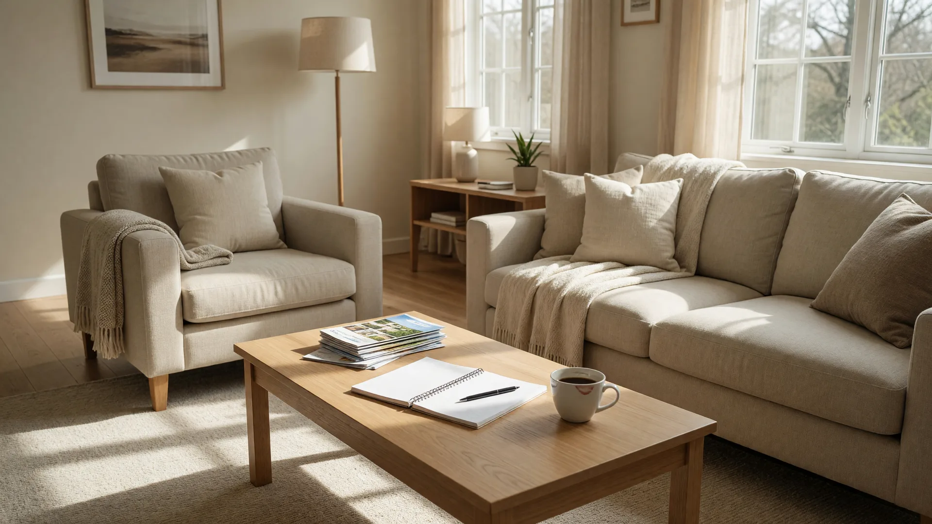 Bright living room with a notepad, pen, and coffee on the coffee table, ready for a buyer and agent conversation