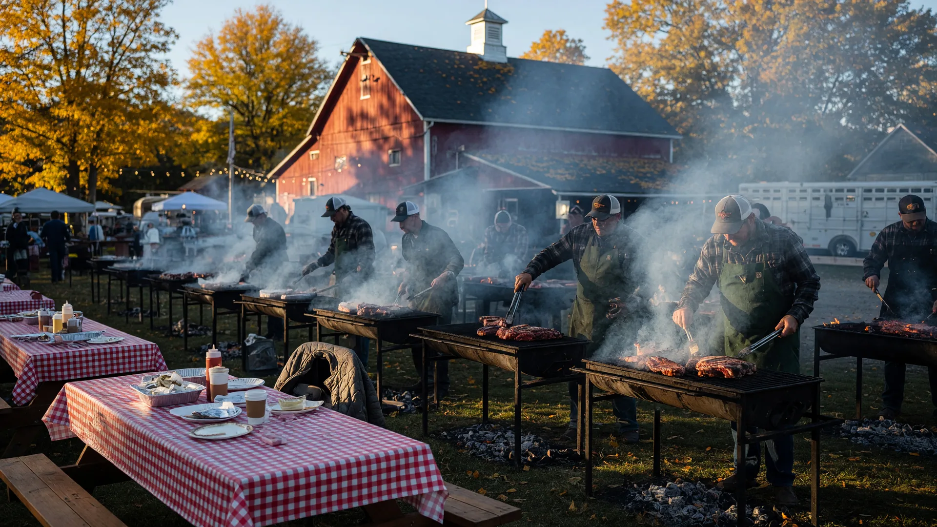 An outdoor steak cook-off at a county fairground on a crisp October morning, cast-iron grills over open flames with smoke rising, aproned cooks tending ribeye steaks, picnic tables with checkered cloths and a red barn in the background