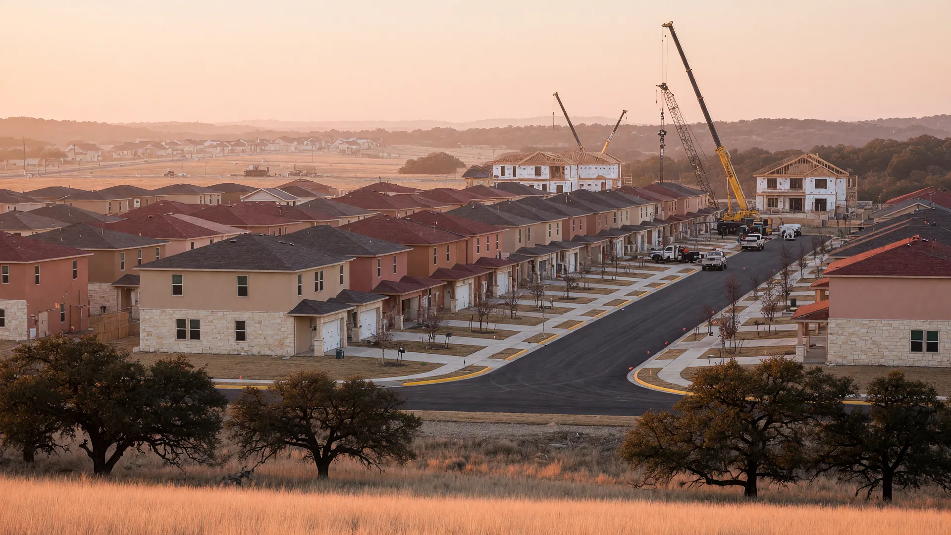 New homes across a fast-growing San Antonio master-planned community at sunrise
