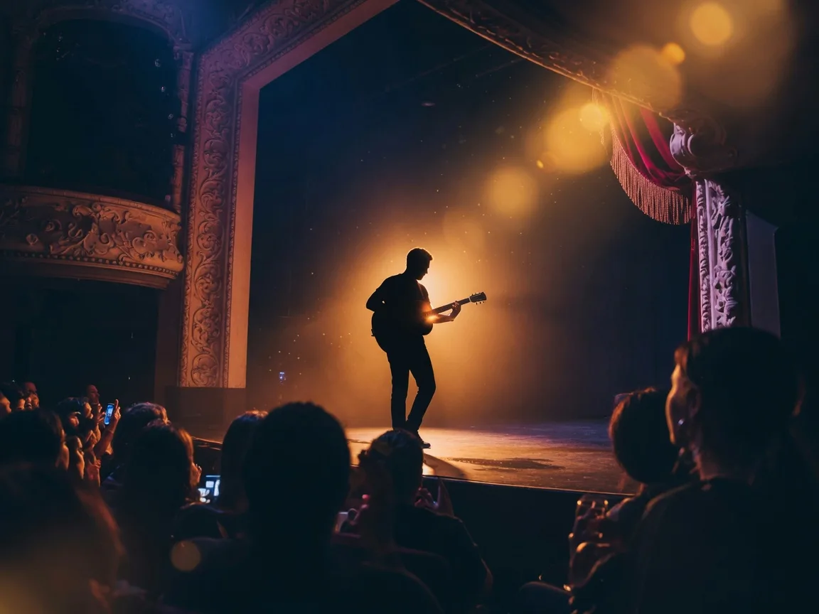 A folk concert on stage at a historic theater, a lone guitarist silhouetted in a warm amber spotlight with soft golden haze, the audience as dark silhouettes in the foreground, an intimate acoustic evening mood