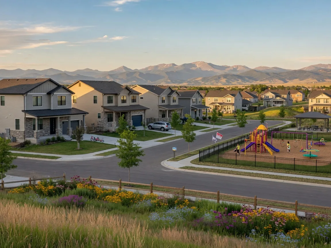 New family homes in Erie Colorado with modern architecture and Rocky Mountain views