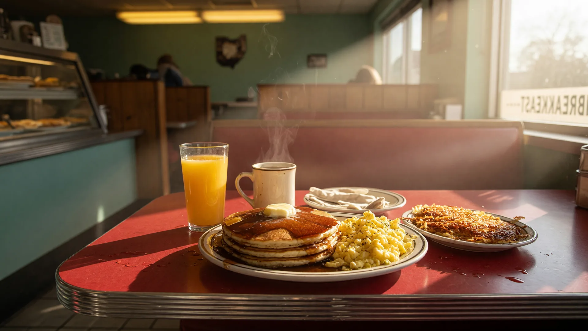 A weekend brunch table in a classic Ohio family diner with pancakes, eggs, hash browns, orange juice, and coffee in warm morning light