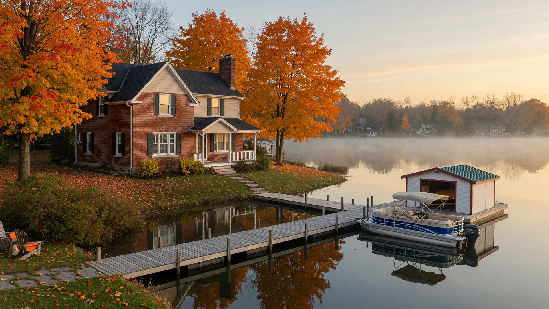 A two-storey red brick waterfront home on Lake Scugog among sugar maples in full autumn colour, with a private wooden dock, a red-and-white boathouse, and a moored pontoon boat in calm water