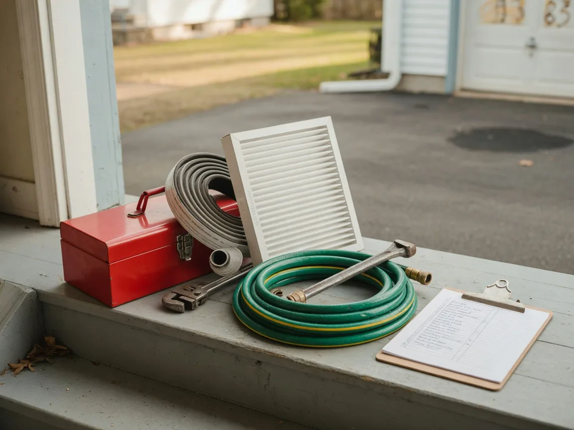 Home maintenance essentials on a garage step: toolbox, weatherstripping, furnace air filter, and a checklist