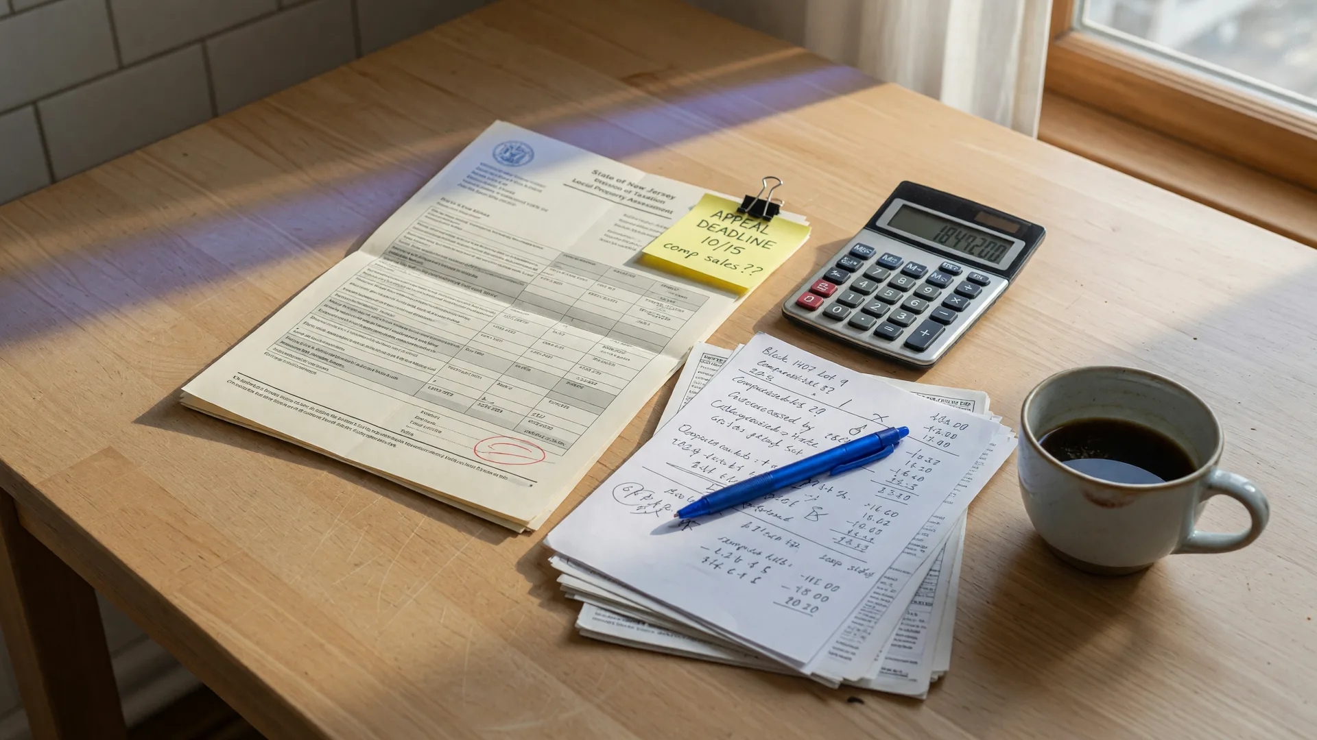Kitchen table with a New Jersey property tax assessment letter, calculator, pen, and coffee in soft morning light