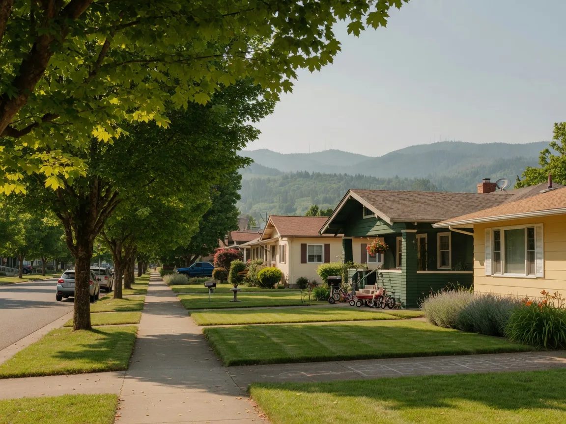 A leafy Forest Grove residential street with well-kept family homes, mature maples, and the Coast Range foothills hazy in the distance