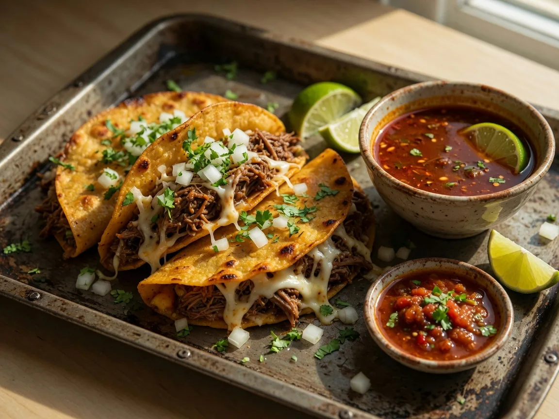 Quesabirria tacos on a metal tray with a bowl of rich consommé for dipping, garnished with onion, cilantro, and lime wedges at Taqueria San Julian in East Naples