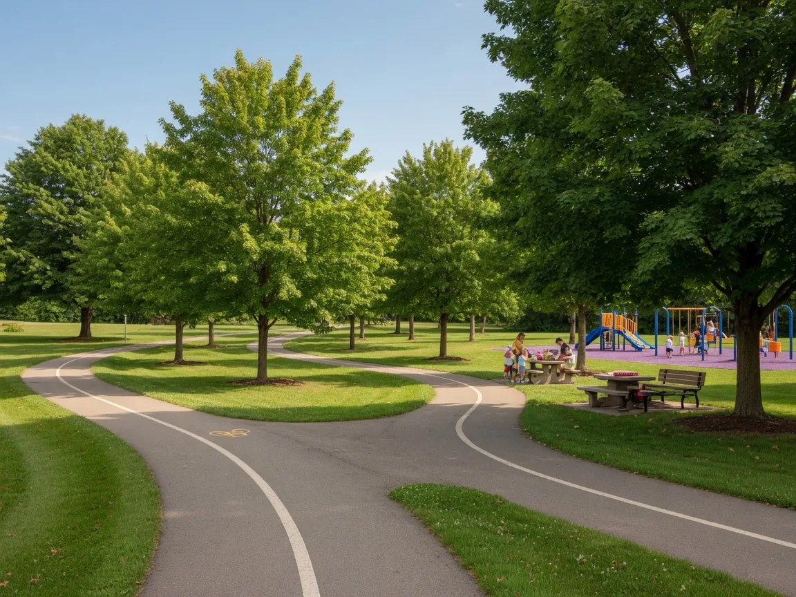 Jack N. Abernathy Regional Park in Davison with paved walking trails, green open spaces, and a playground on a sunny afternoon