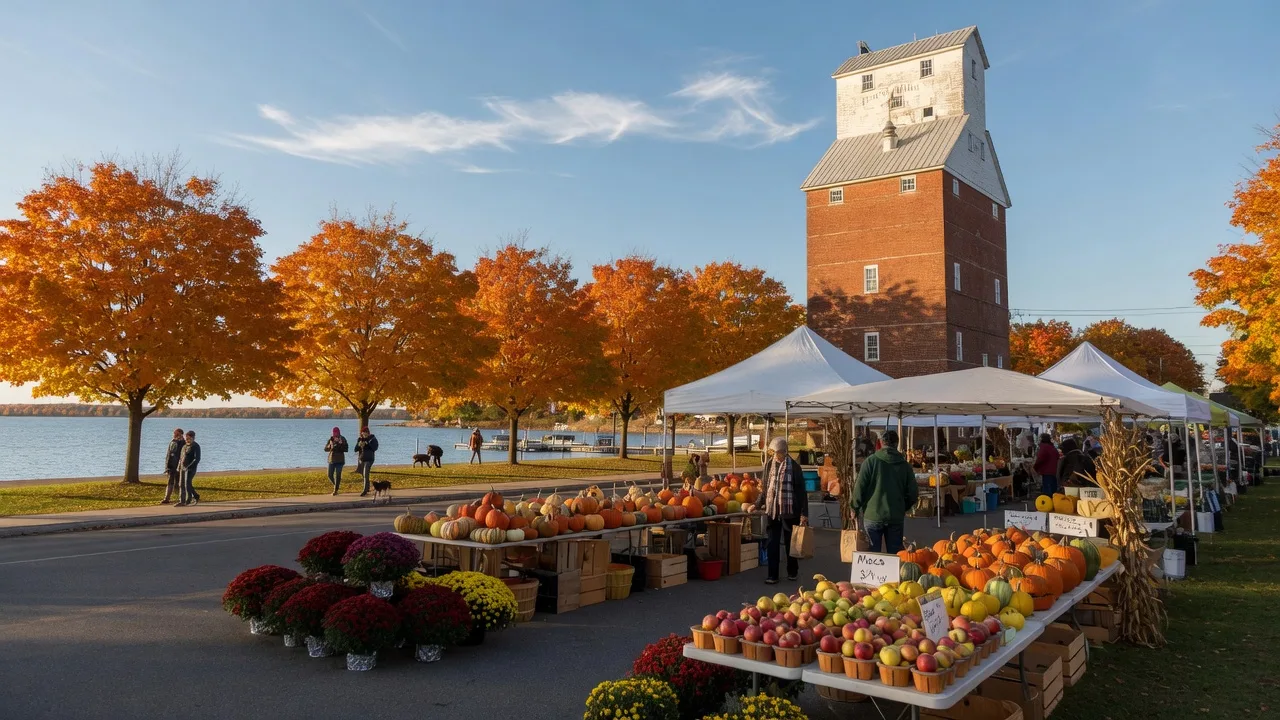 The Port Perry waterfront on a sunny Thanksgiving weekend Saturday morning with farmers market stalls of pumpkins, squash, apples and chrysanthemums at the foot of Queen Street, the heritage grain mill tower, and sugar maples in full autumn colour along Lake Scugog