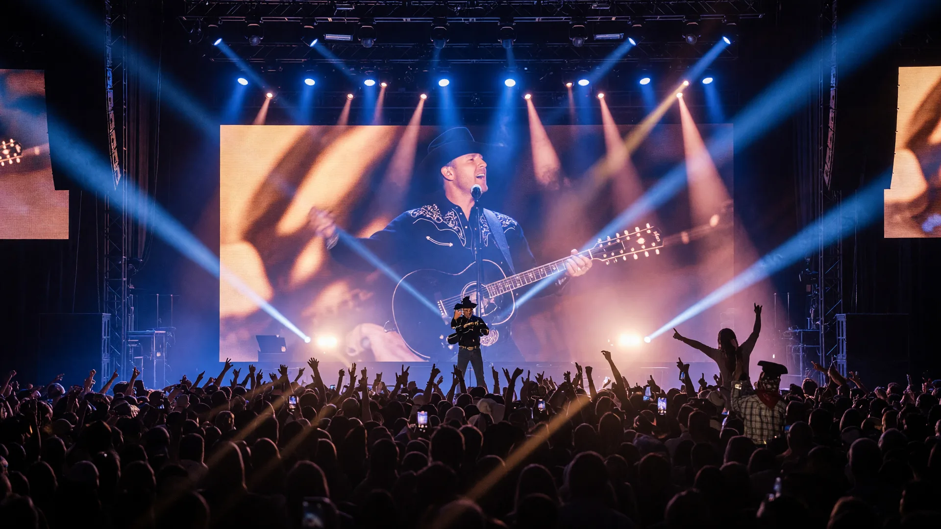 Country music concert at a large arena venue with dramatic blue and amber stage lighting, a packed crowd, and LED screens