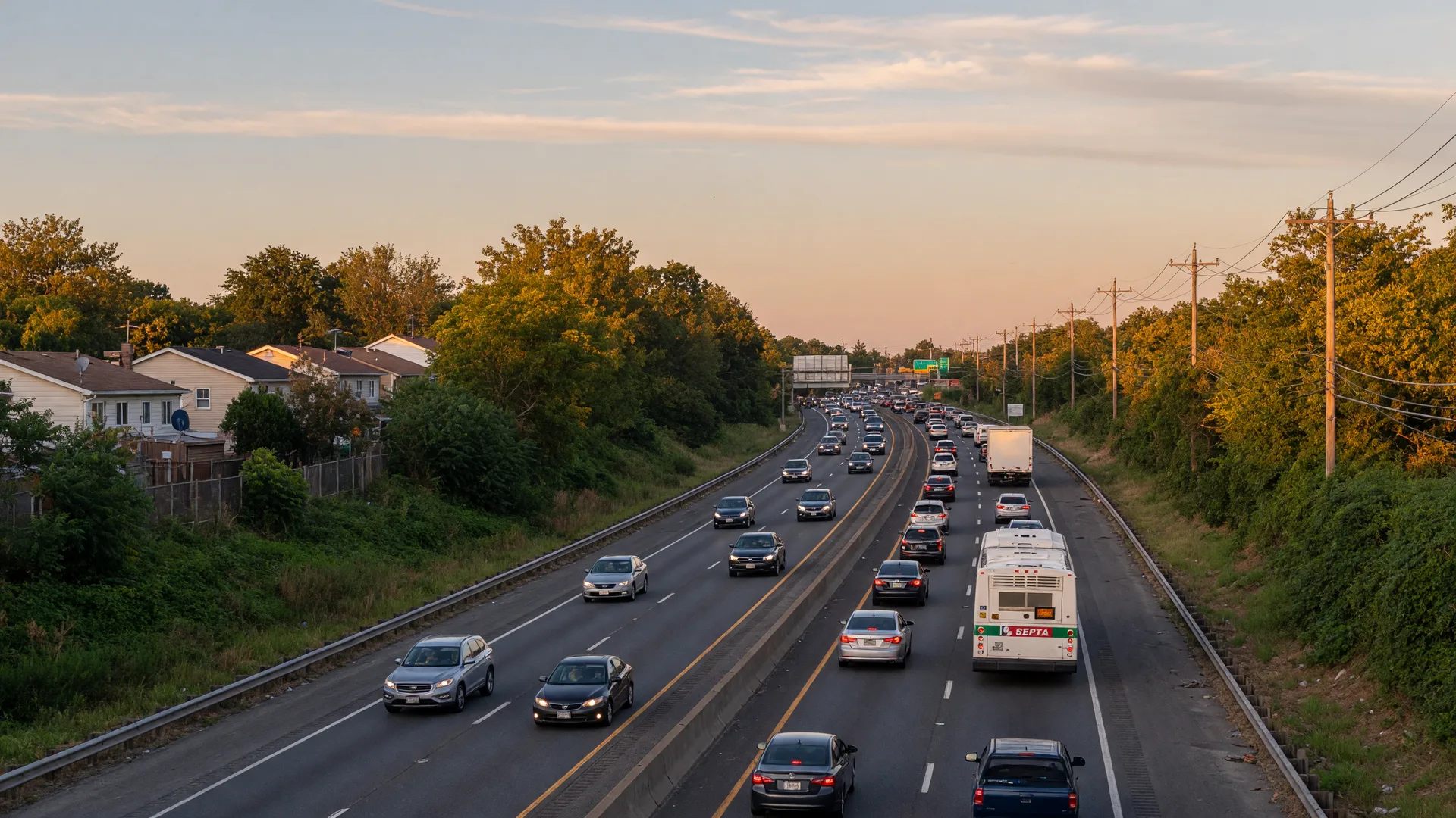 I-95 highway near Philadelphia during golden hour with commuter traffic and a SEPTA bus in the right lane