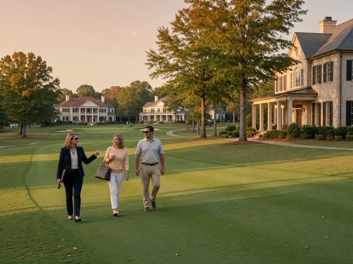 A real estate agent and clients walking across a golf course fairway toward a luxury home in an upscale Georgia community on a golden fall afternoon