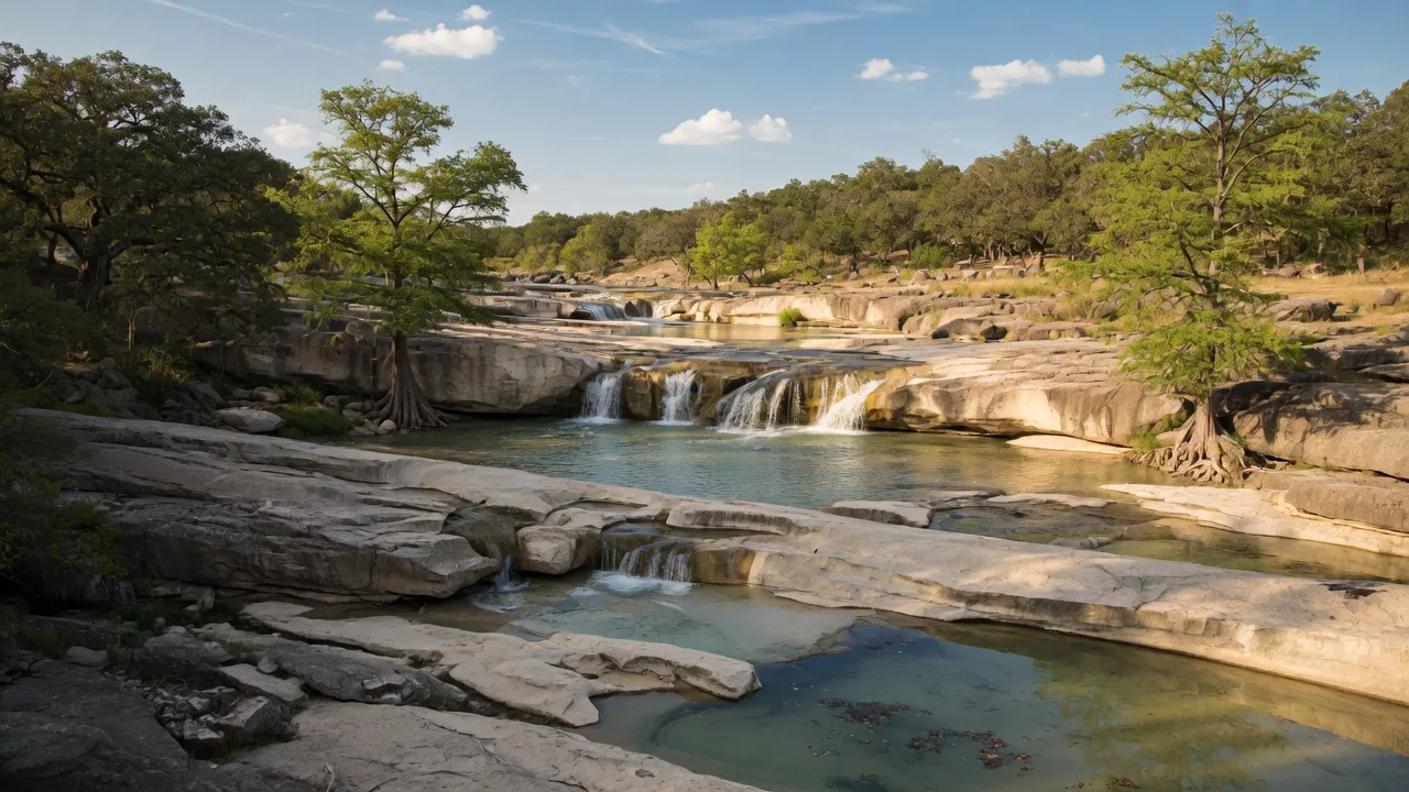 Pedernales River cascading over layered limestone rock shelves at Pedernales Falls State Park in the Texas Hill Country