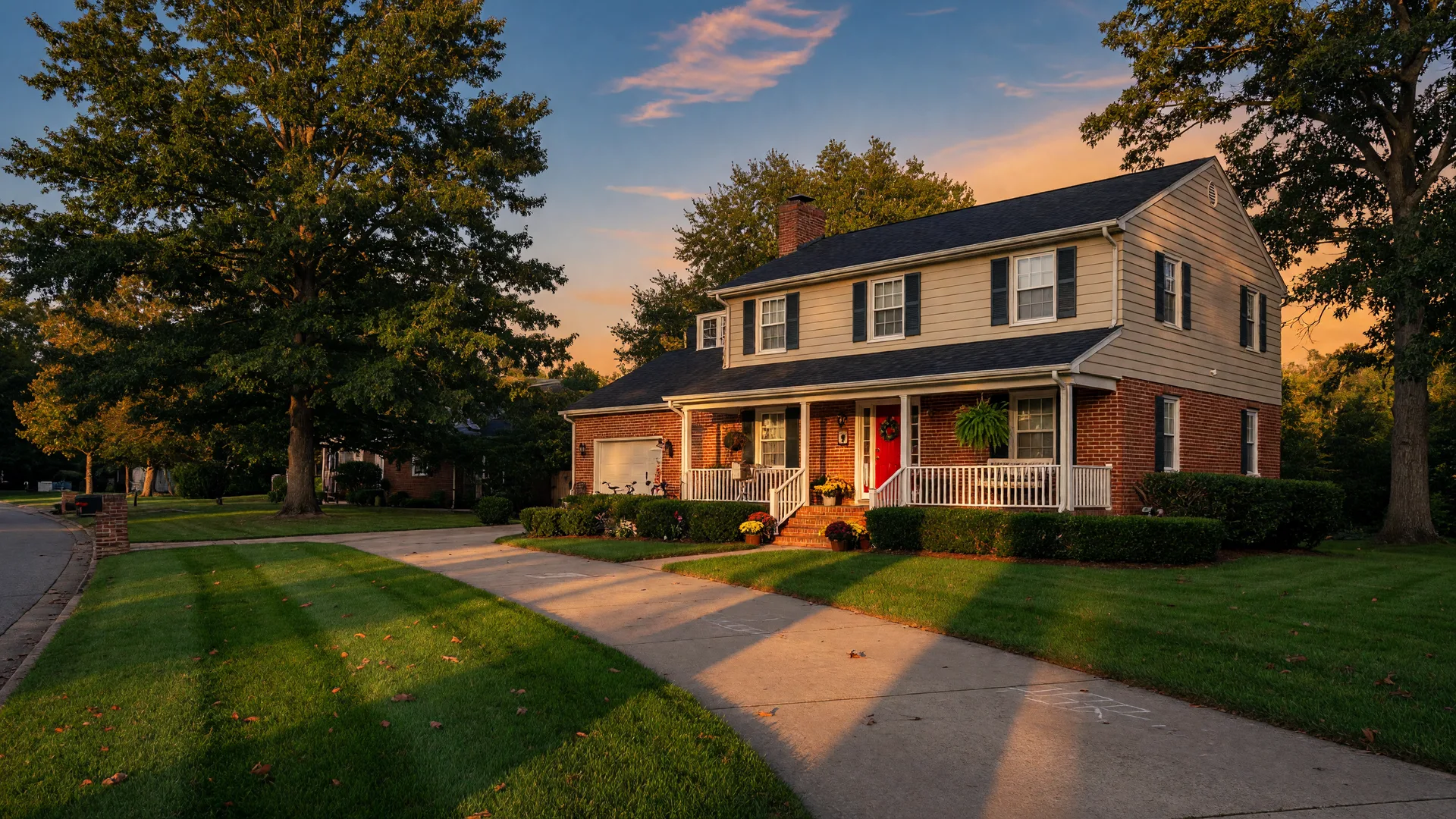 A well-kept brick and cream American home with a front porch and manicured lawn at golden hour