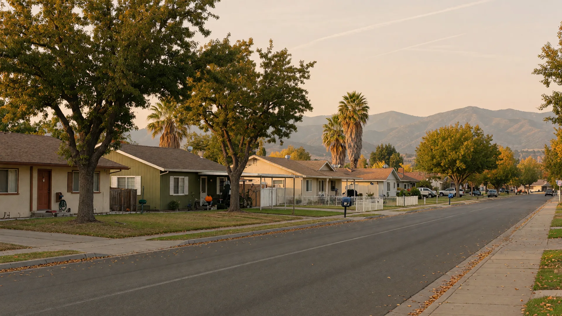 A quiet residential street in Merced, California on an early-autumn afternoon with single-story ranch homes, neat lawns, mature oak and palm trees, and the Sierra Nevada foothills on the horizon