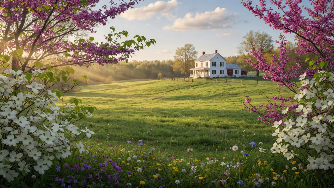 Spring countryside in Virginia with blooming dogwood and redbud trees, rolling green meadow, and a historic white farmhouse in the distance