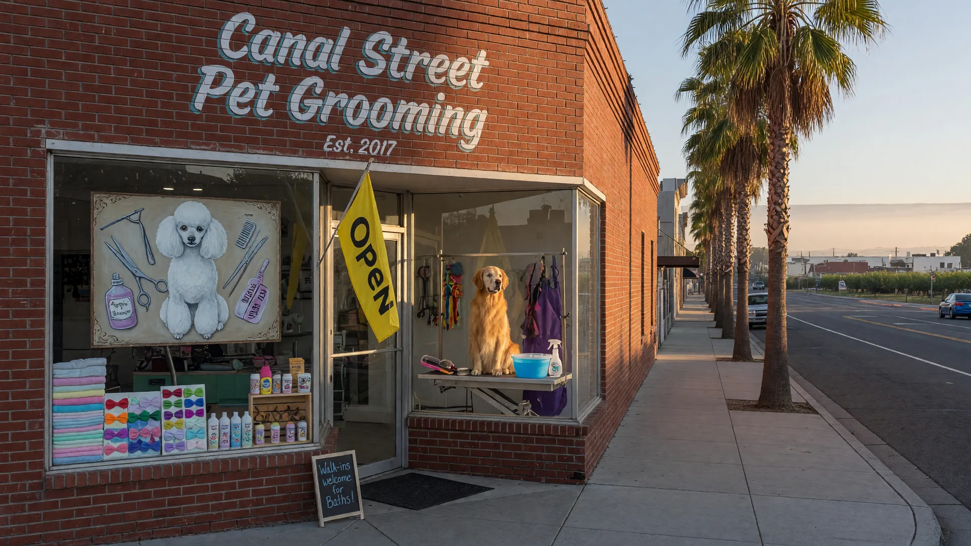 The High Standards Pet Salon storefront at 1745 Canal Street in downtown Merced, a single-story brick grooming shop with plate-glass windows showing a grooming table and brushes while a golden retriever waits inside on a palm-lined sidewalk