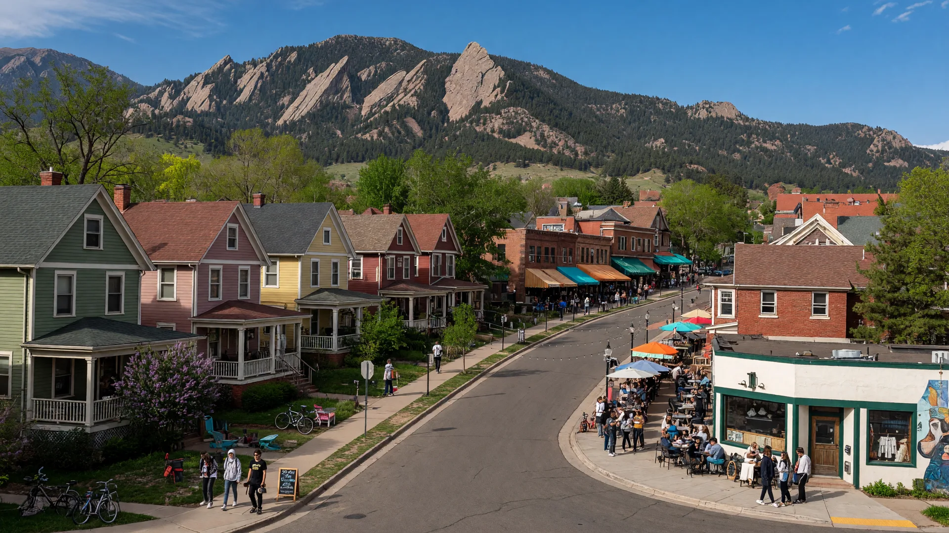 University Hill neighborhood in Boulder with Victorian homes and The Hill commercial district