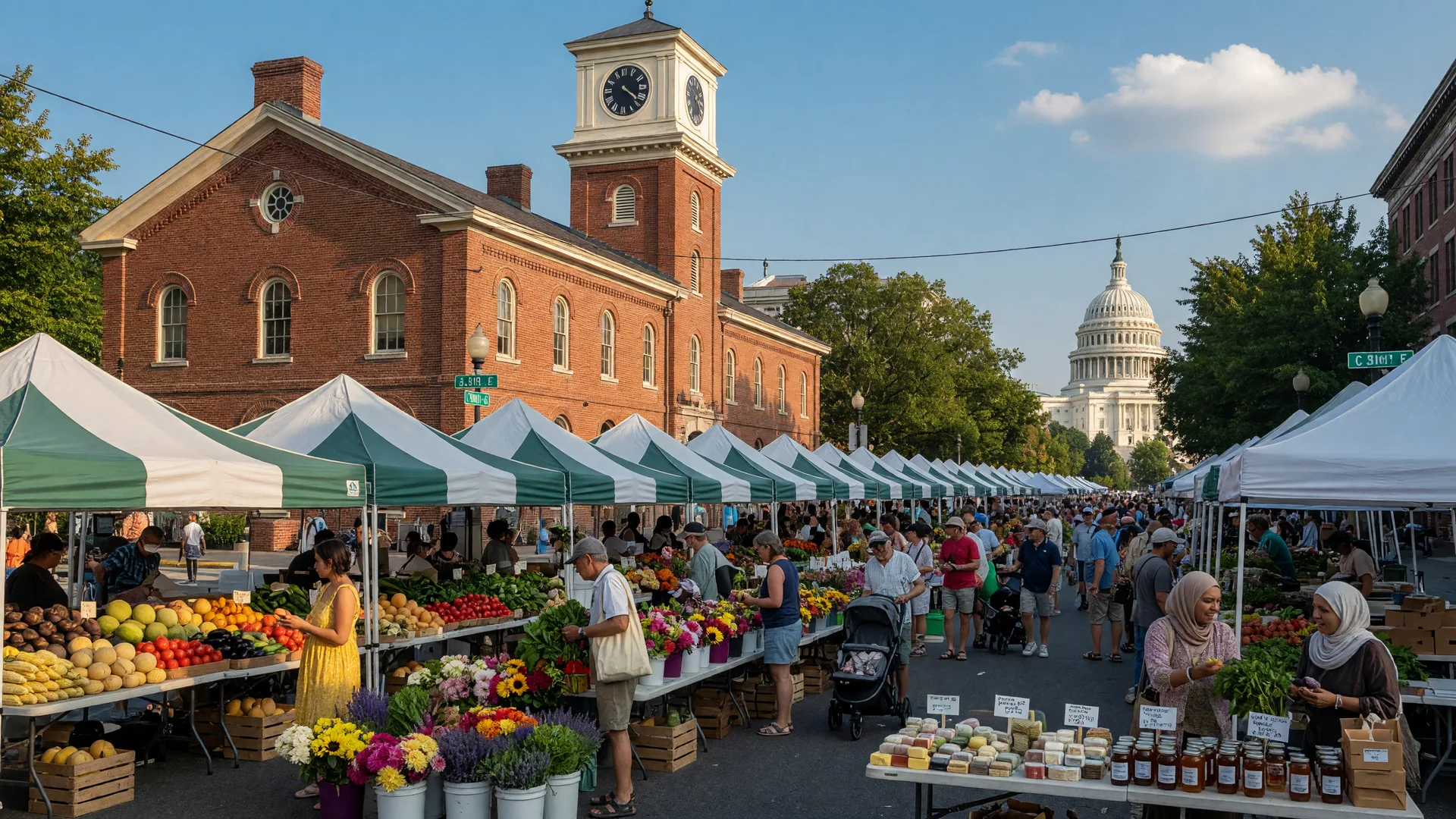 Eastern Market on Capitol Hill with vendor tents, historic brick building, and the Capitol dome in the distance on a bright summer morning