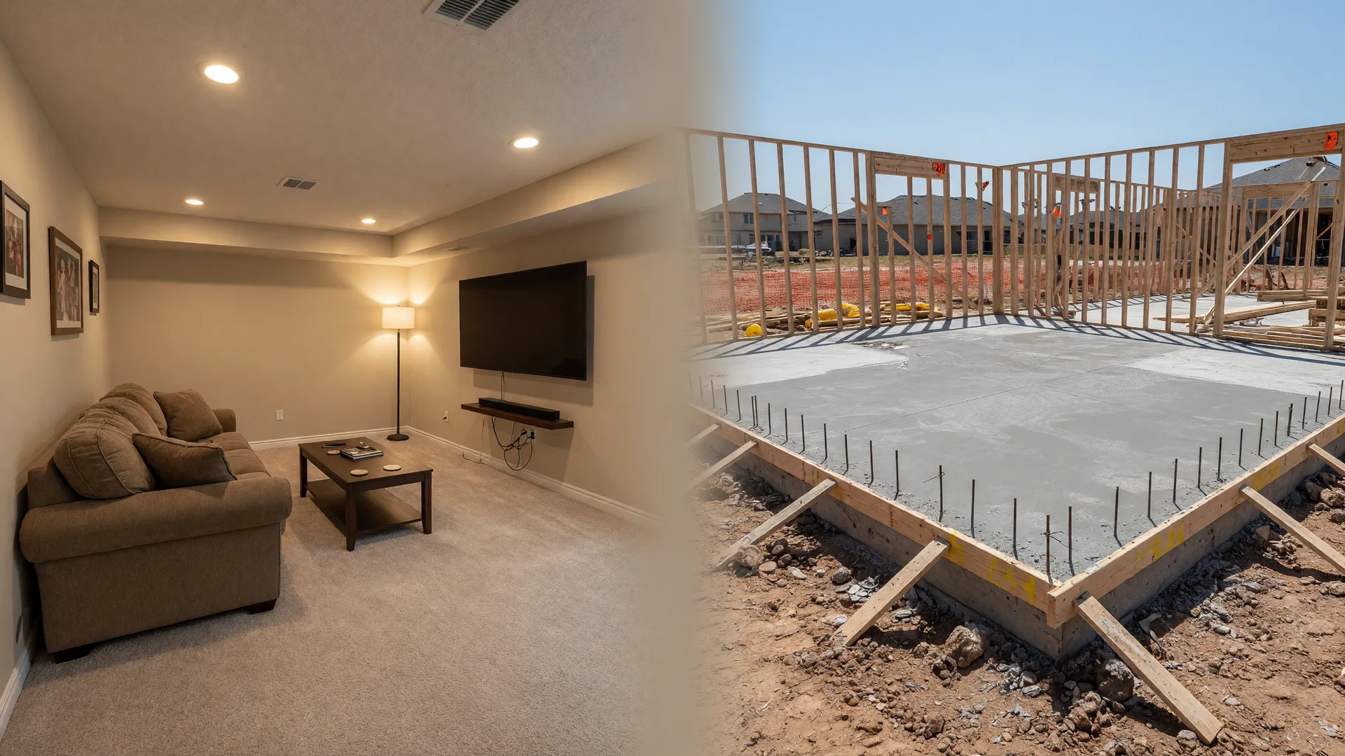 Finished basement compared with a Texas slab foundation