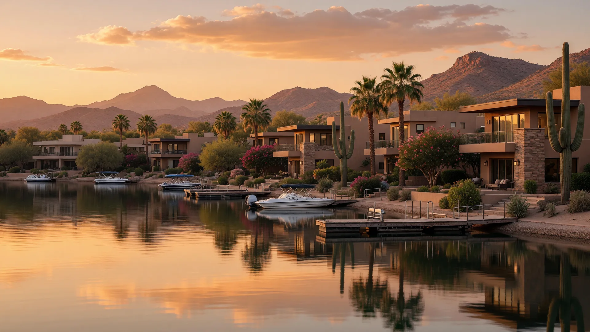 An established Arizona lake community with waterfront homes, mature landscaping, and calm water