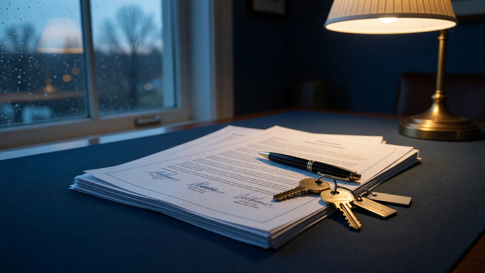 A signed purchase agreement with a pen and brass house keys on a navy desk at blue hour
