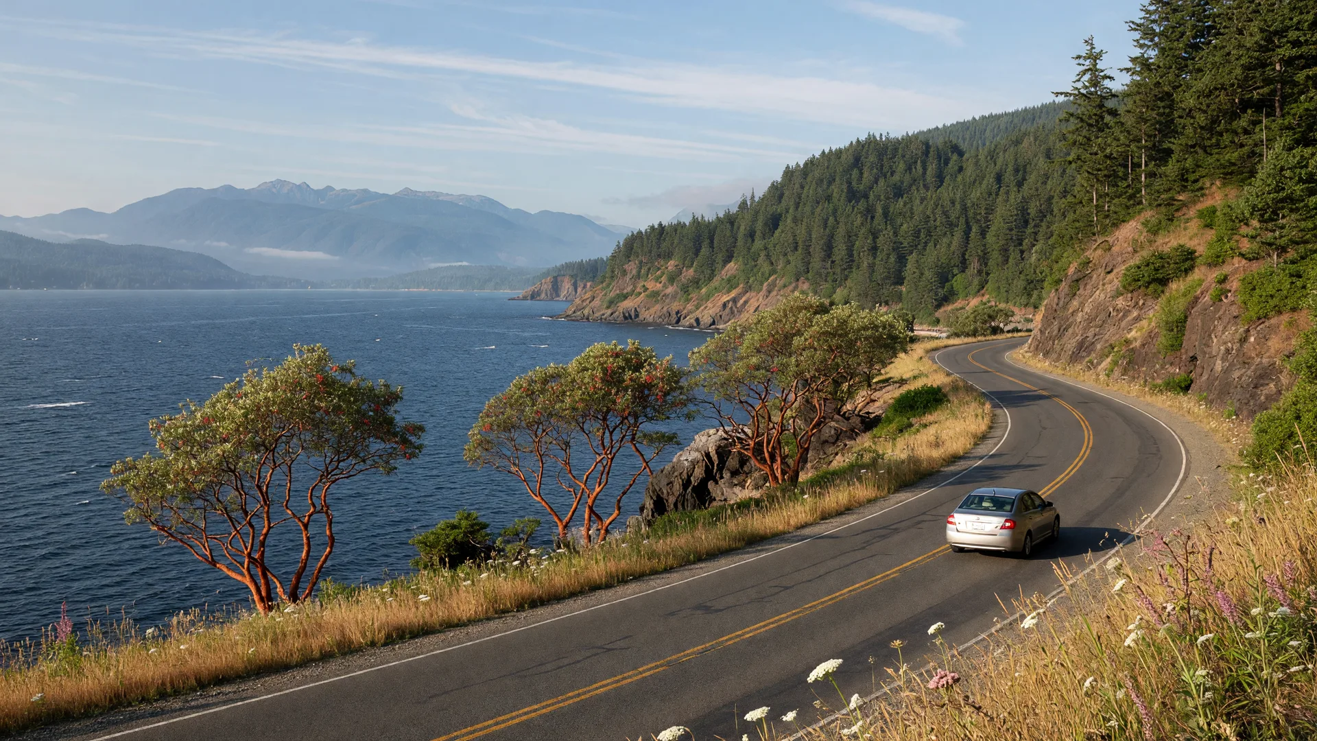 Two-lane coastal highway curving along forested cliffs above the Strait of Juan de Fuca on the drive to Sooke