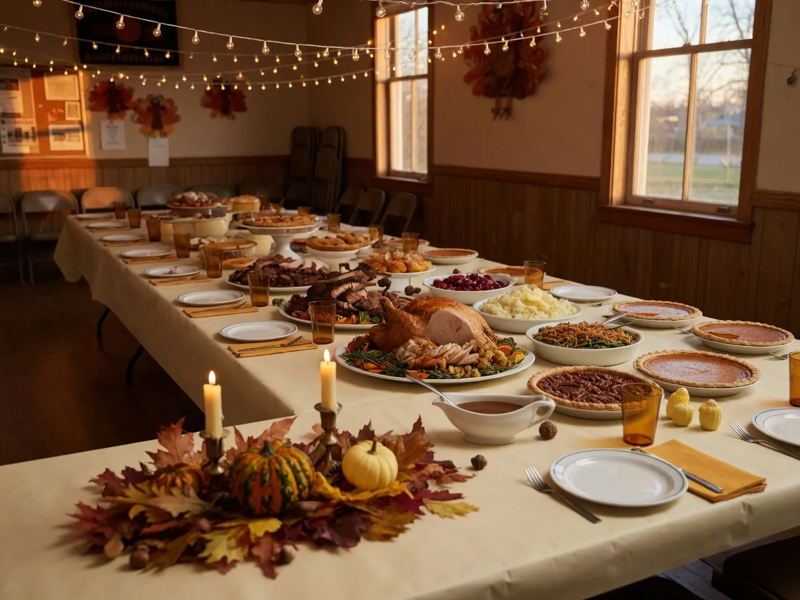 A long community Thanksgiving buffet in a small-town Michigan hall, with roasted turkey, pumpkin pies, autumn centerpieces, and warm string lights