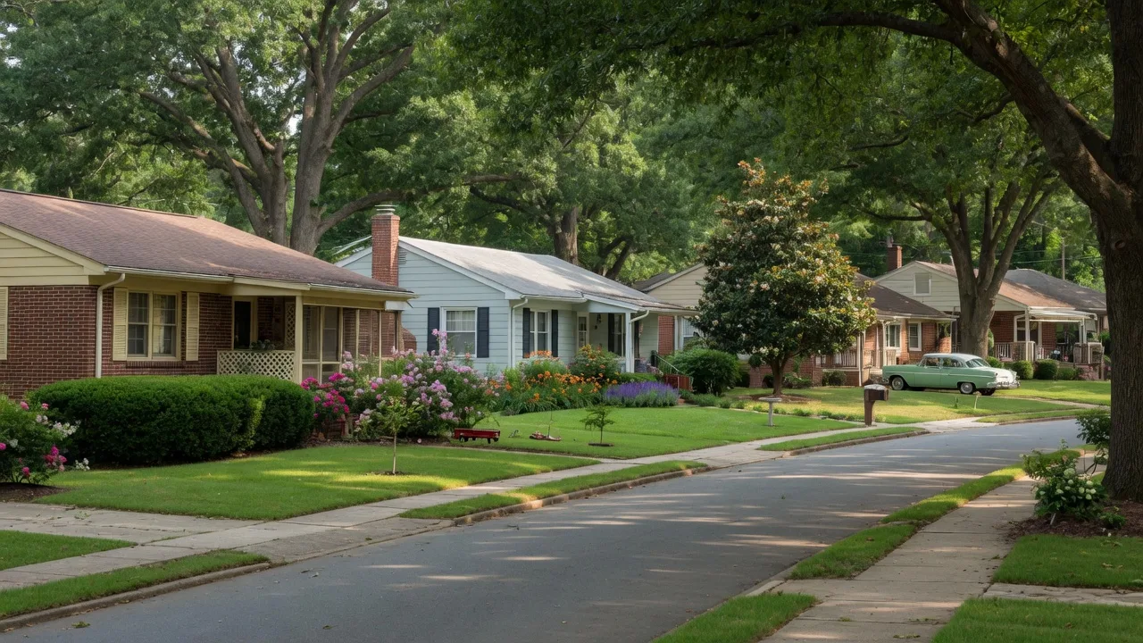 Tree-lined residential street in the Sedgefield neighborhood of Charlotte NC with 1940s-50s brick ranch homes and mature oak trees in summer