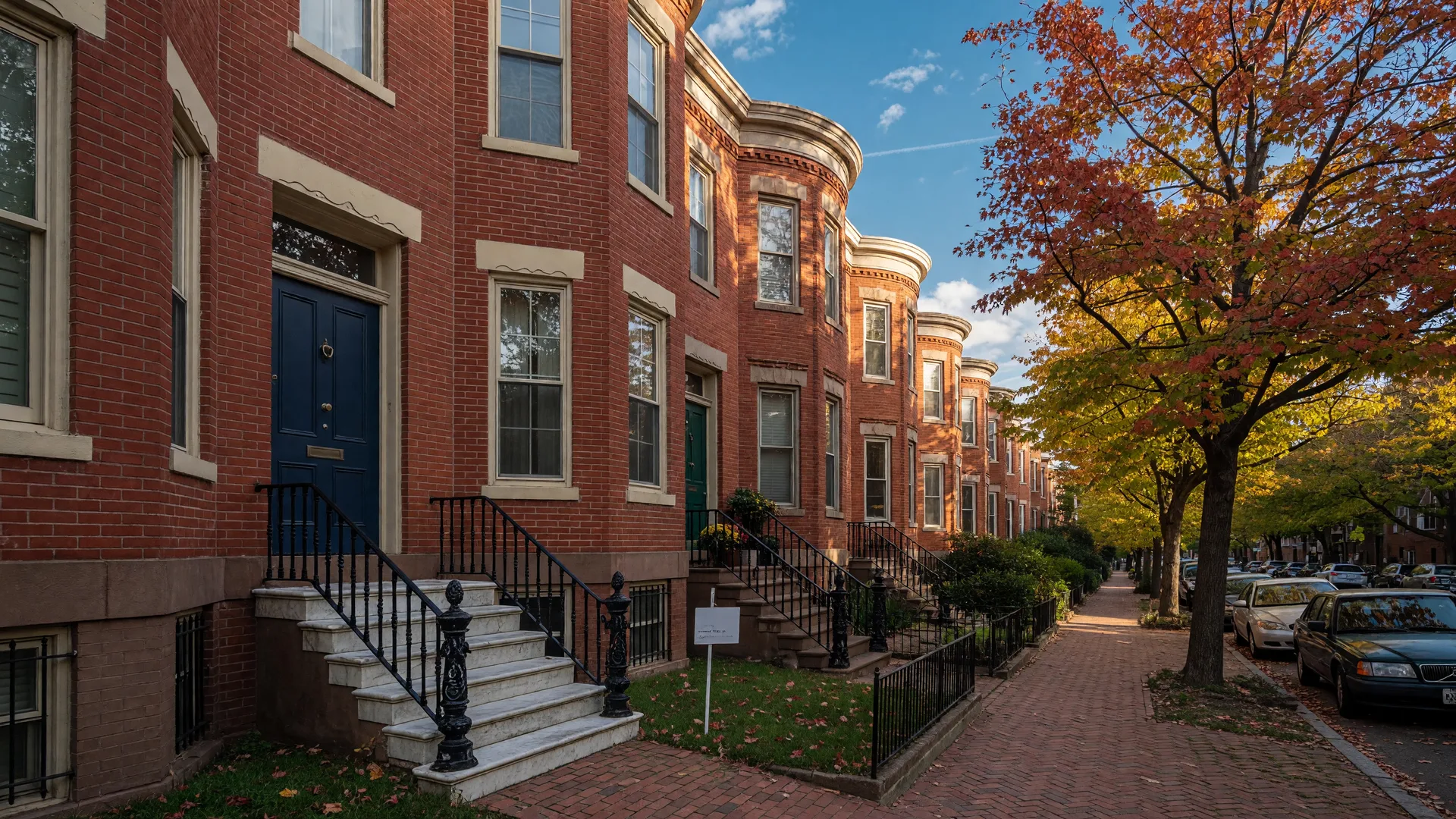 Classic brick rowhouses on a tree-lined street in the Capitol Hill neighborhood of Washington DC in early autumn, red and gold maples overhead, a small for sale sign on a front lawn in warm late-afternoon light