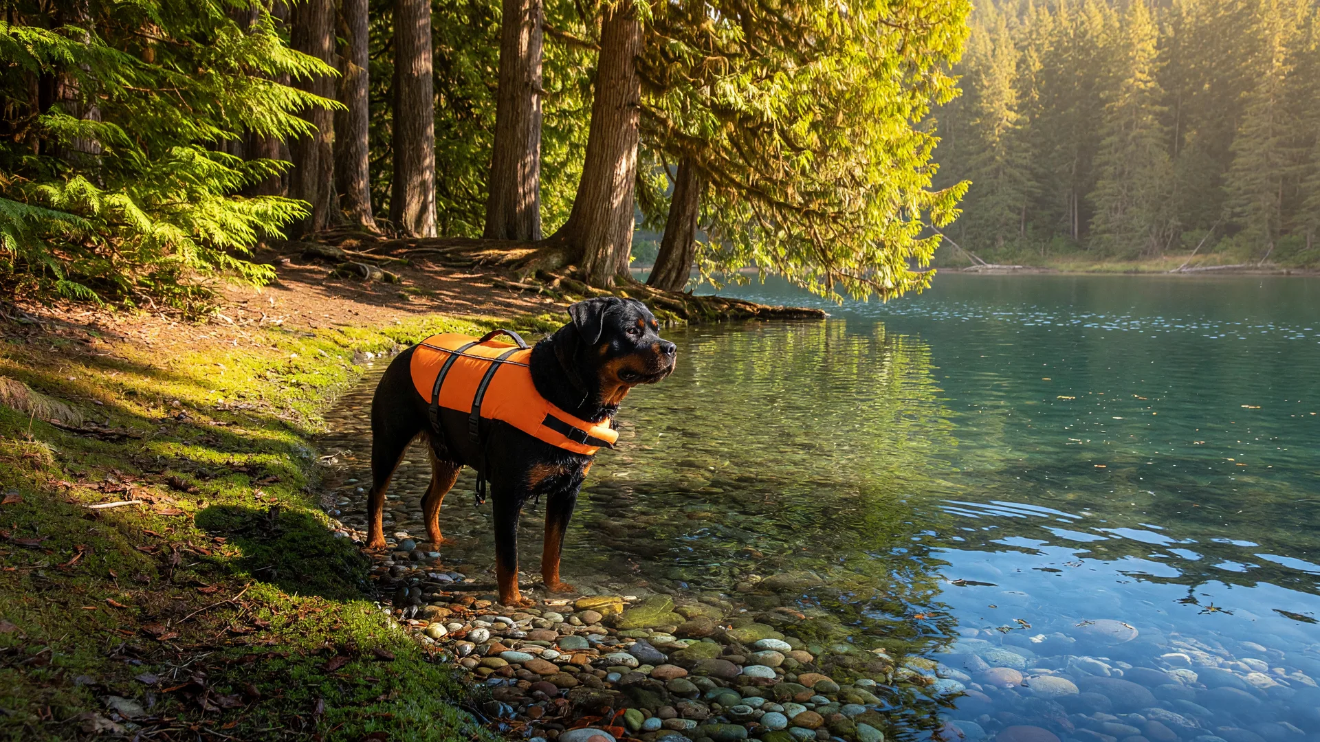 A Rottweiler wearing an orange life jacket at the edge of a calm lake in a Pacific Northwest forest on a warm August afternoon