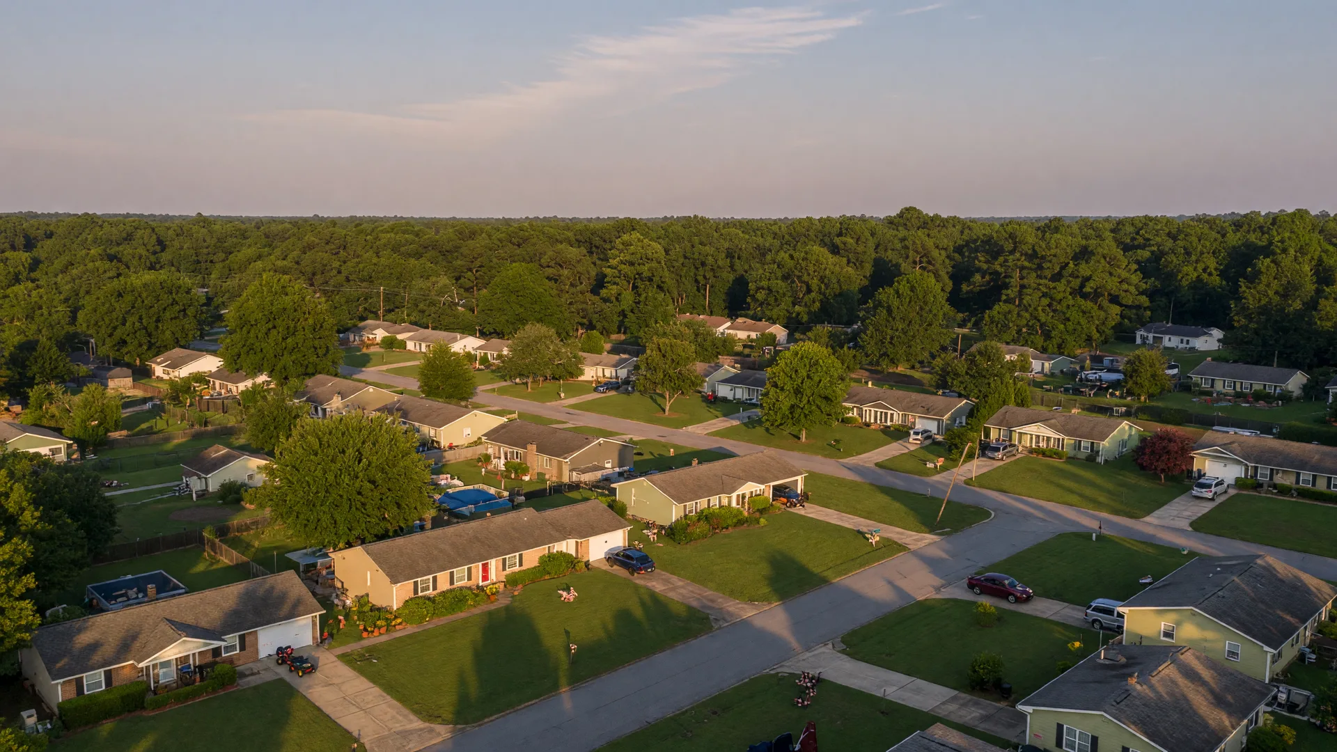Aerial view of a Columbia SC Midlands suburban neighborhood on a late summer afternoon