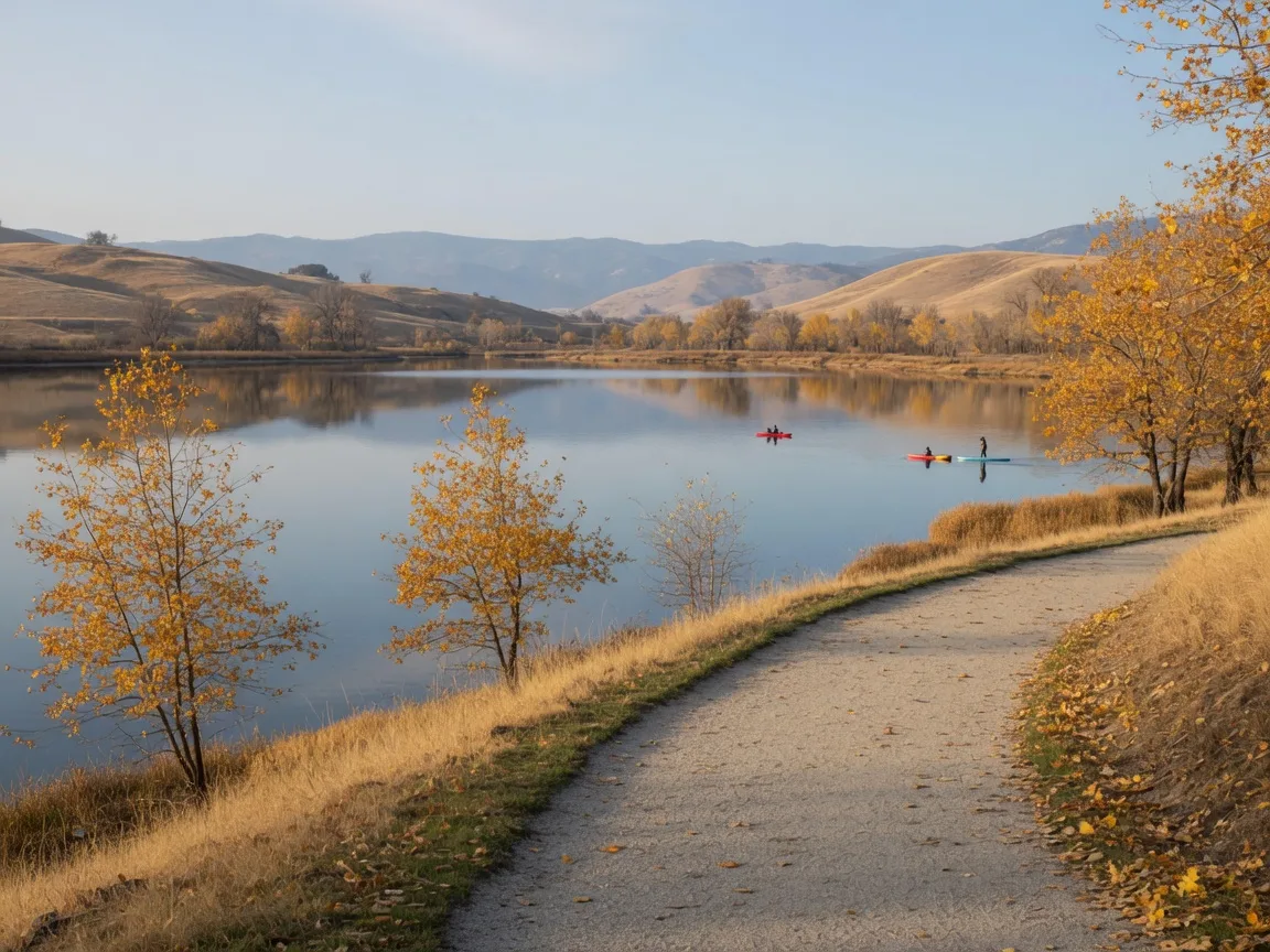 The lakeside walking loop at Lake Yosemite Regional Park near Merced on a clear November morning, golden cottonwood and valley oak trees dropping amber leaves along the gravel path, calm reservoir water reflecting the golden hills, a few kayaks on the far shore, and the hazy Sierra Nevada foothills on the horizon