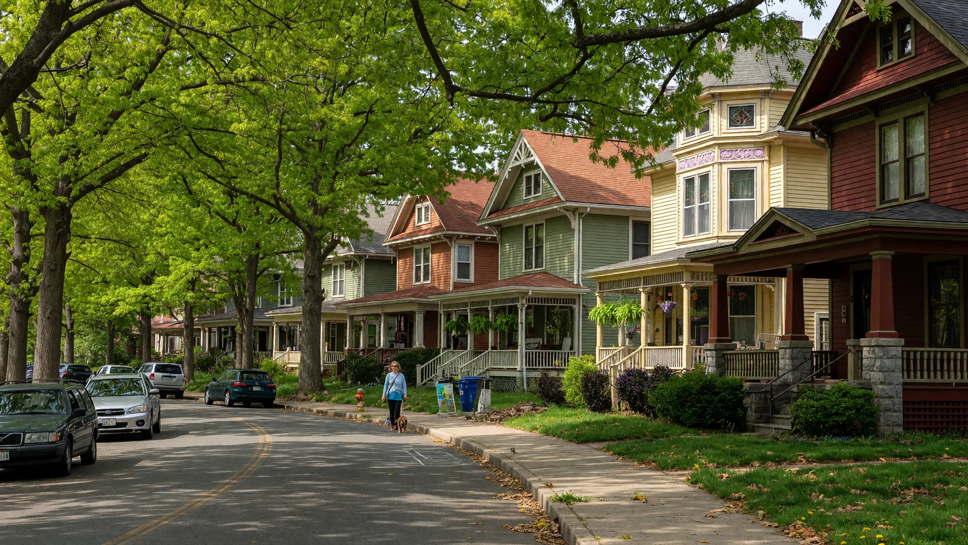 Takoma Park Maryland tree-lined street with historic craftsman and Victorian homes