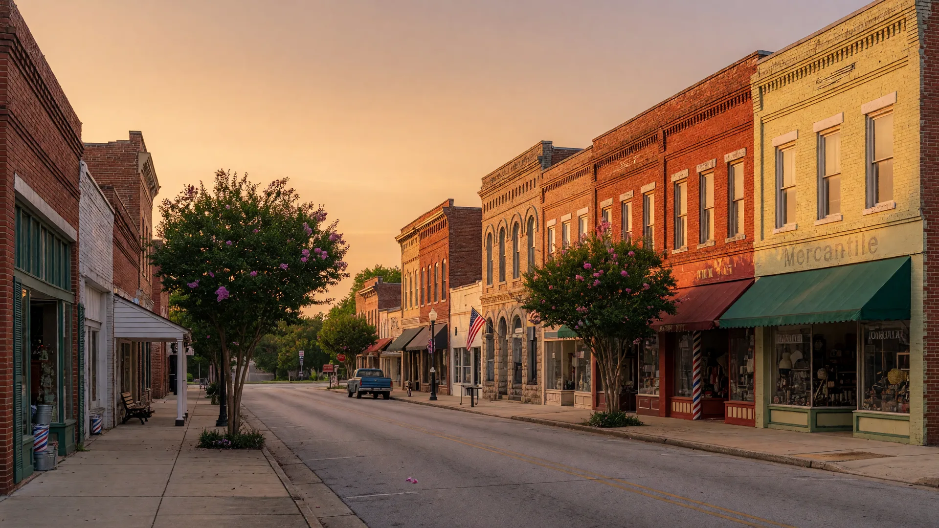 A small-town Georgia main street with brick storefronts at golden hour