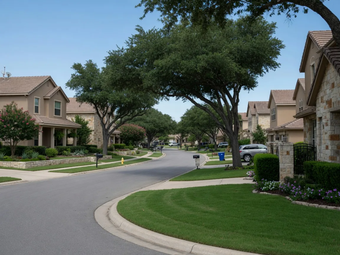 Established residential street with mature oaks in a northwest Bexar County community
