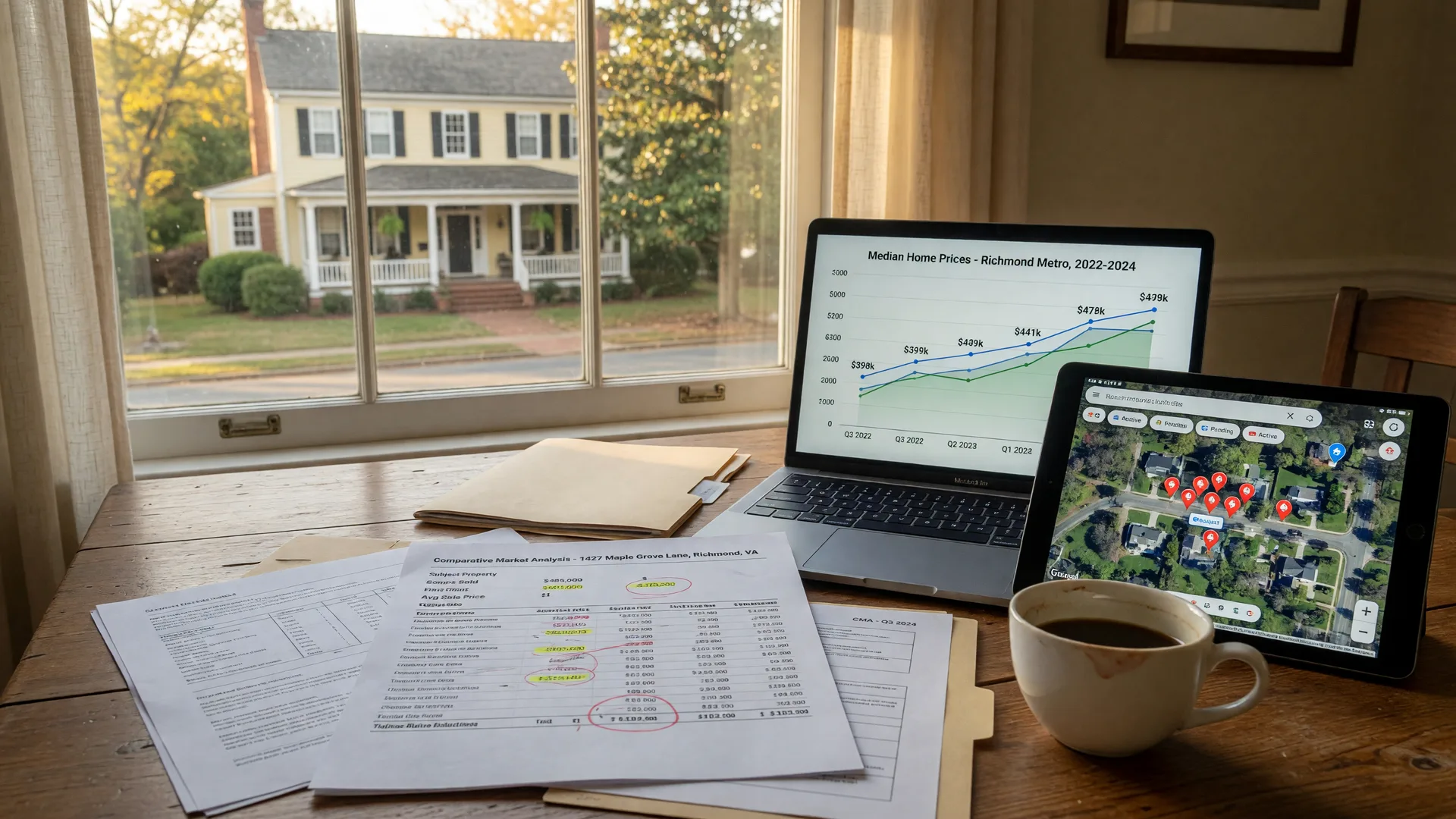 Home valuation report and market data on a table with a Fredericksburg VA home outside the window