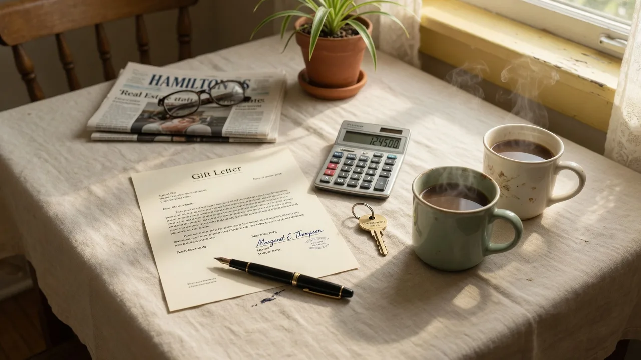 A signed gift letter, pen, calculator, house key, and coffee mugs on a bright kitchen table for a first-time home purchase in Hamilton Ontario