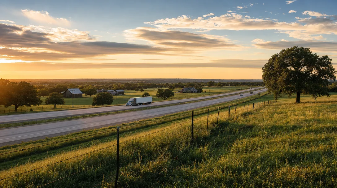 Rolling pastures and the I-30 corridor in Hunt County, Texas at golden hour