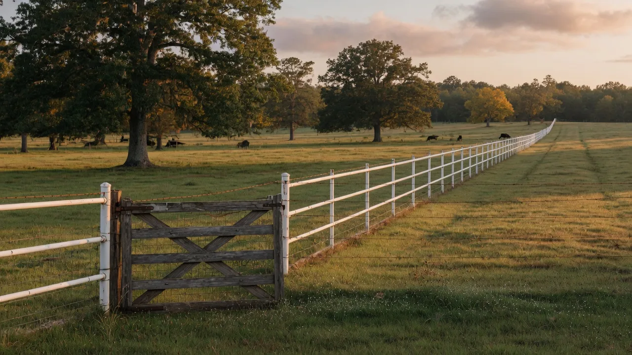 Golden-hour light on a pipe and barbed-wire fence line beside a green pasture with mature oaks on Northeast Texas acreage
