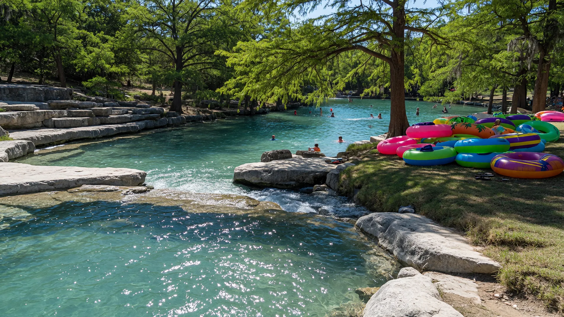 Spring-fed swimming hole with turquoise water, inner tubes, and cypress trees