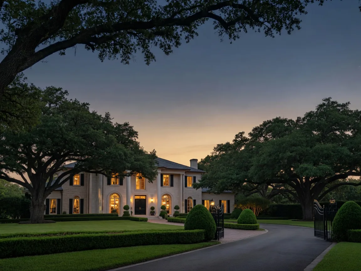 Luxury estate home in Dallas at dusk with warm interior light and mature oak trees