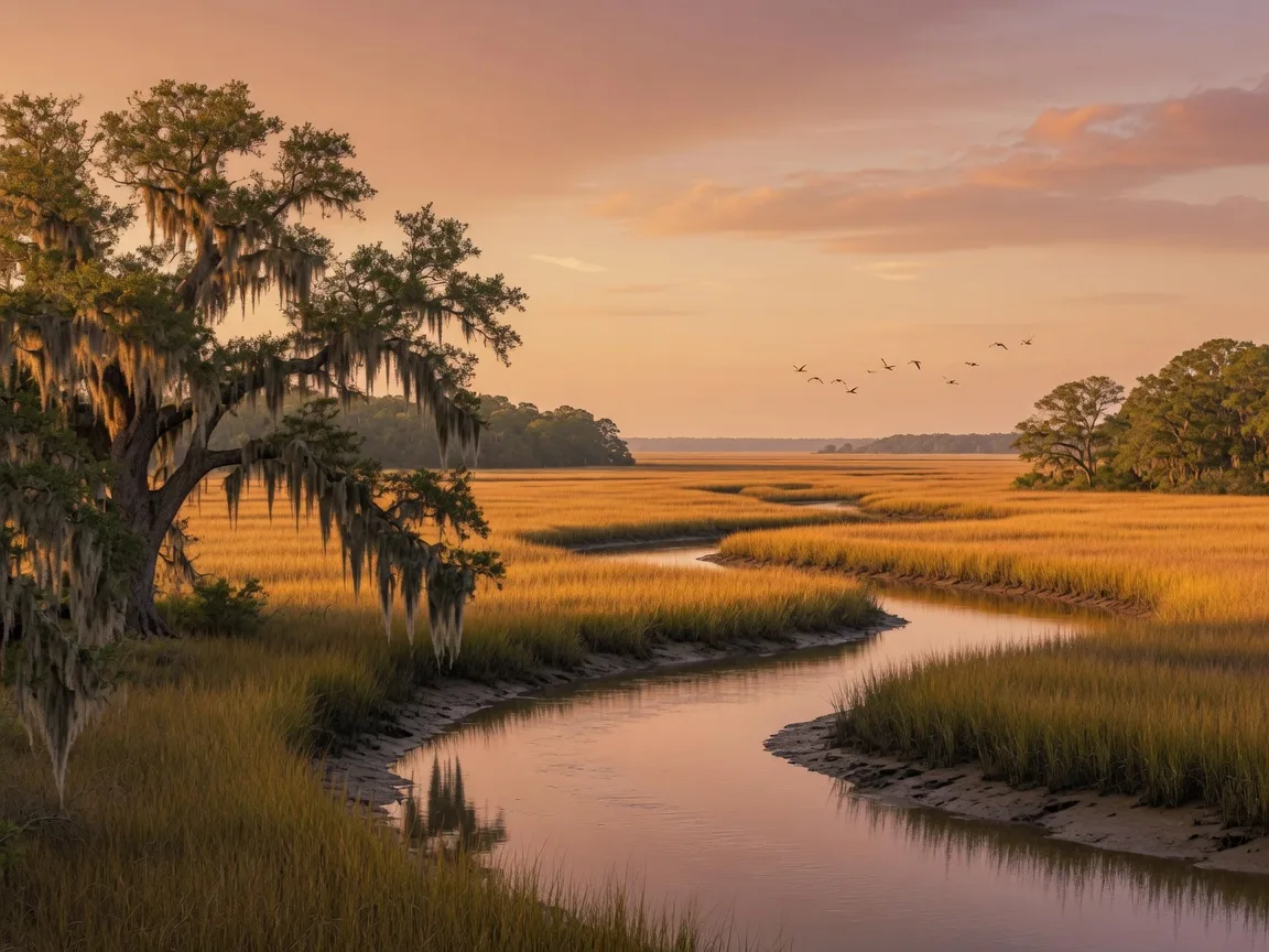Golden-hour view of a Lowcountry salt marsh with a live oak draped in Spanish moss near Savannah