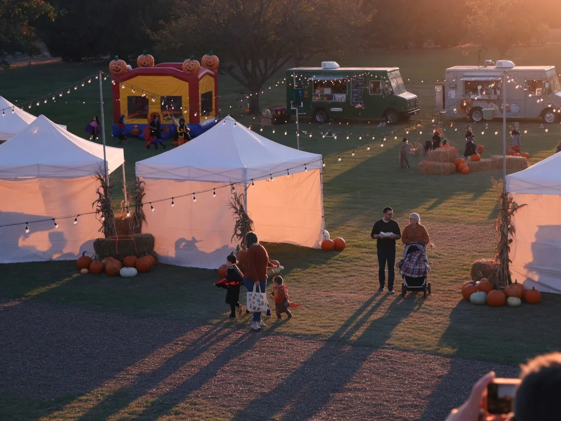 A family-friendly fall festival in a suburban park with white vendor tents, string lights, pumpkins and hay bales, a bounce house and food trucks, and kids in costumes silhouetted in warm golden-hour light